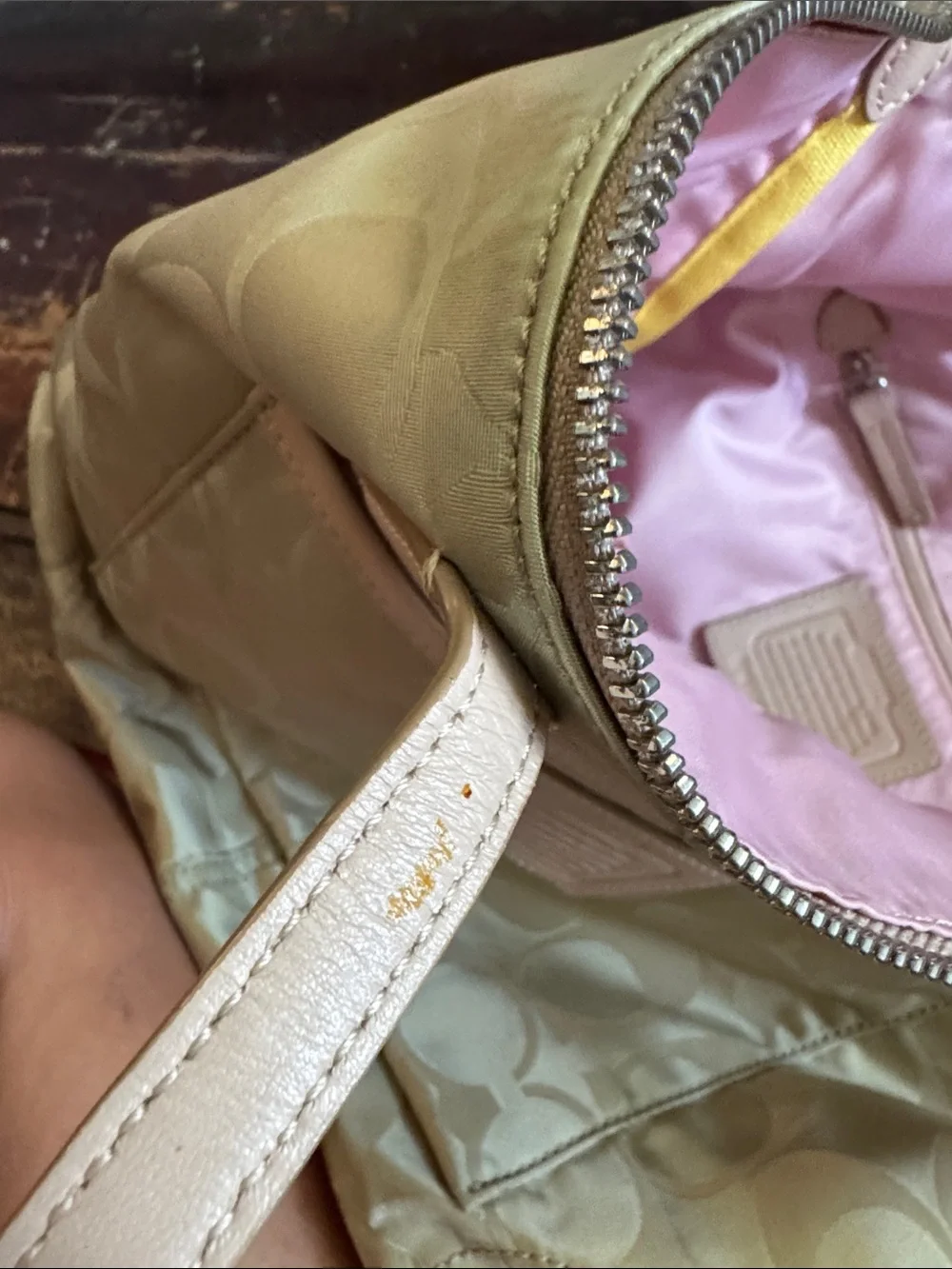 Coach Satin Signature Tote in Gold with Pink Trim and Tag
